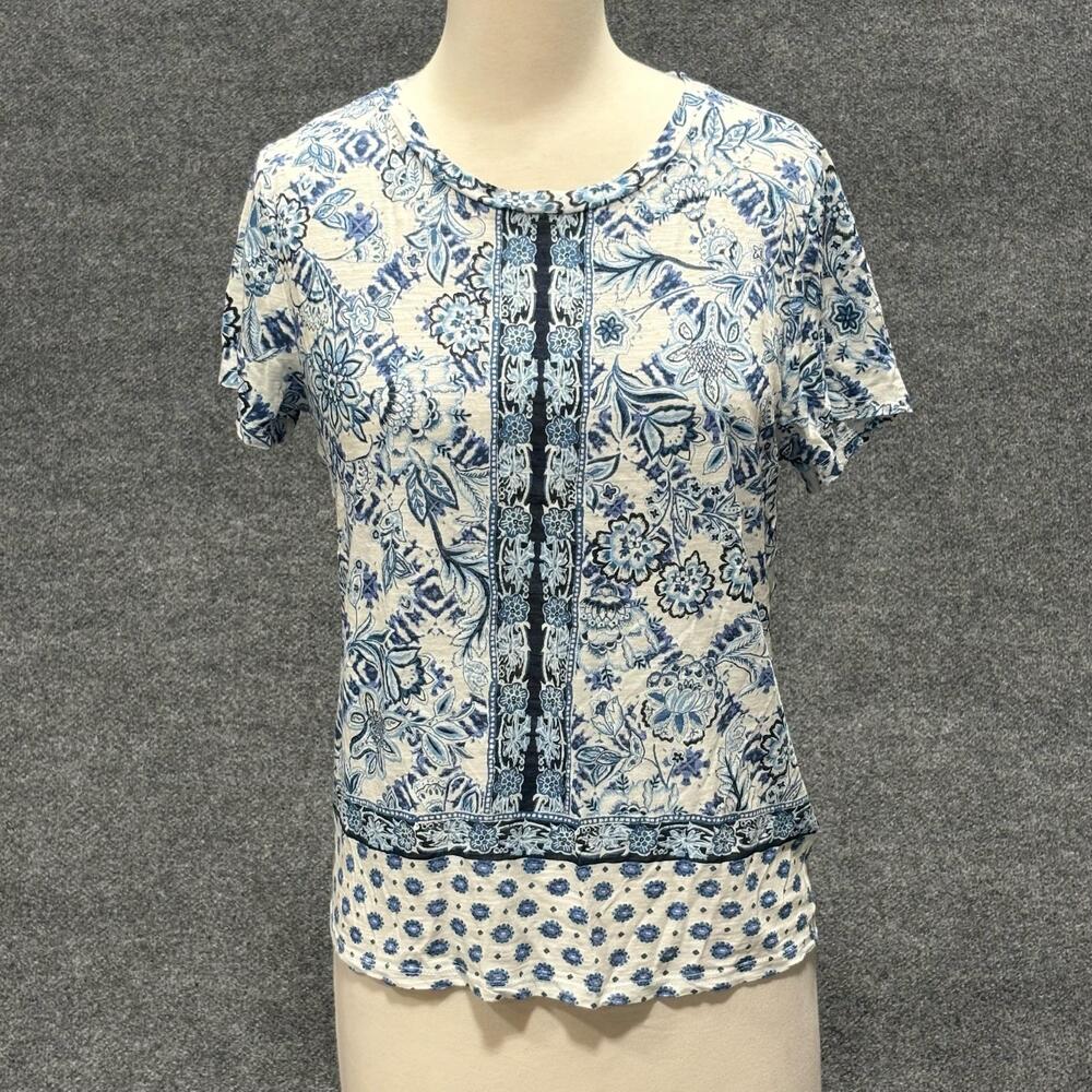 Lucky Brand Shirt Womens Medium Blue Floral Scoop Neck Boho Short Sleeve Top